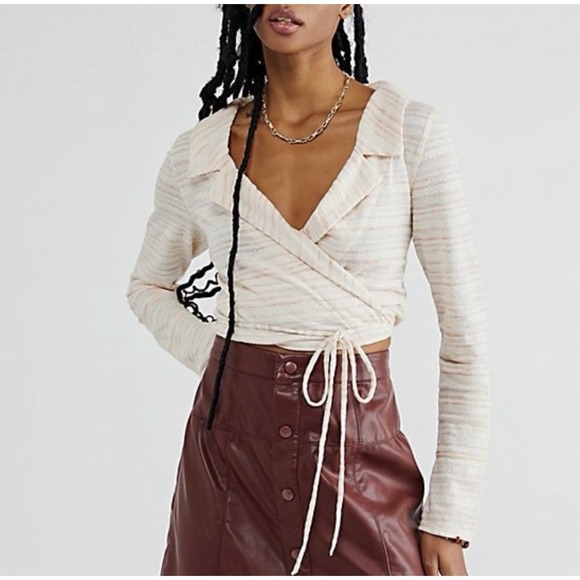 Free People Tops - Free People Eloise Wrap Top Size M Tie Cropped Long Sleeve Striped Cotton Blend